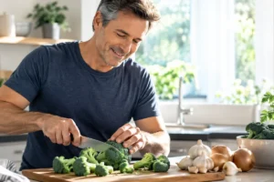 Man chopping broccoli in the kitchen next to garlic and onions, foods that support liver glutathione